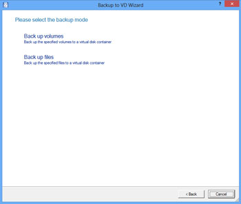 <b>Backup to Virtual Disk Wizard</b><br /> The wizard helps you to back up entire hard disks, separate partitions or selected files and folders to a virtual disk container.