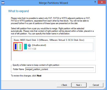<b>Merge Partitions Wizard</b><br />The wizard enables to consolidate the disk space, which originally belongs to two adjacent partitions, into a single, larger partition. The program provides the ability to merge only NTFS, FAT16 or FAT32 partitions.
