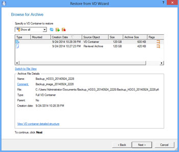 <b>Restore from Virtual Disk Wizard</b><br /> helps to restore entire hard disks, separate volumes, or particular files/folders from a previously created virtual container (pVHD, VMDK, VHD) either to the original or new location.